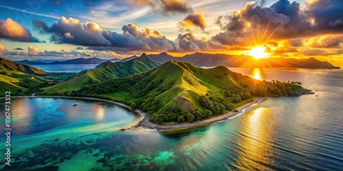 Nanuya Island basks in the warm glow of a tropical sunrise, a paradise found. photo