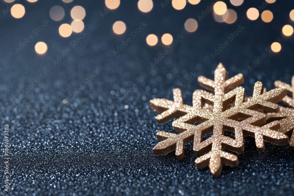 A Close-up of a Detailed Snowflake on a Dark Blue Glittery Background with White Lights A Close-up of a Detailed Snowflake on a Dark Blue Glittery Background with White Lights