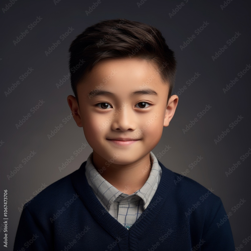 Headshot of a school boy with a casual style and warm smile on a minimalist background Headshot of a school boy with a casual style and warm smile on a minimalist background