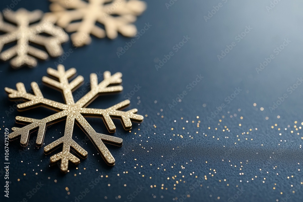A Festive Close-Up of Three Golden Snowflakes on a Dark Blue Background A Festive Close-Up of Three Golden Snowflakes on a Dark Blue Background