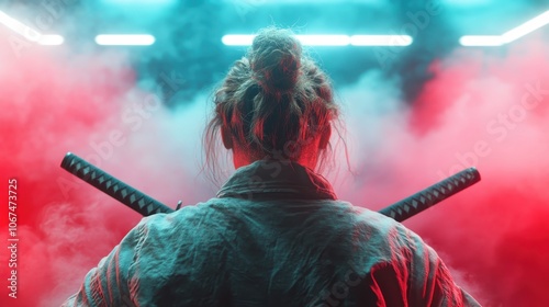 A rear view of a warrior posed in a misty, neon-lit environment, holding swords with assertive posture, evoking a sense of power and readiness for battle.