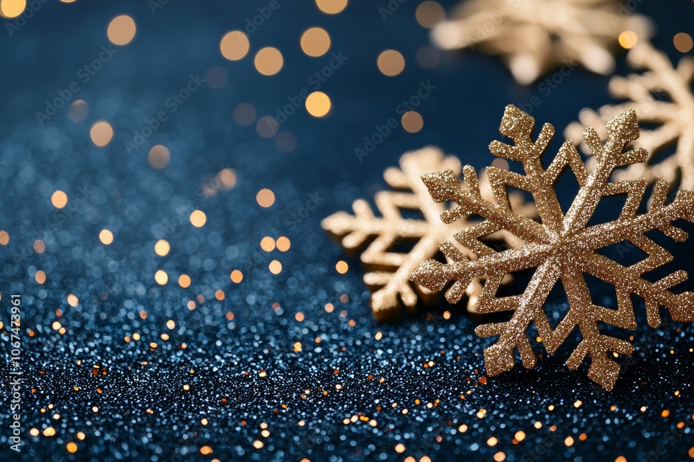 A Glittering Display of Detailed Golden Snowflakes on a Dark Blue Background A Glittering Display of Detailed Golden Snowflakes on a Dark Blue Background