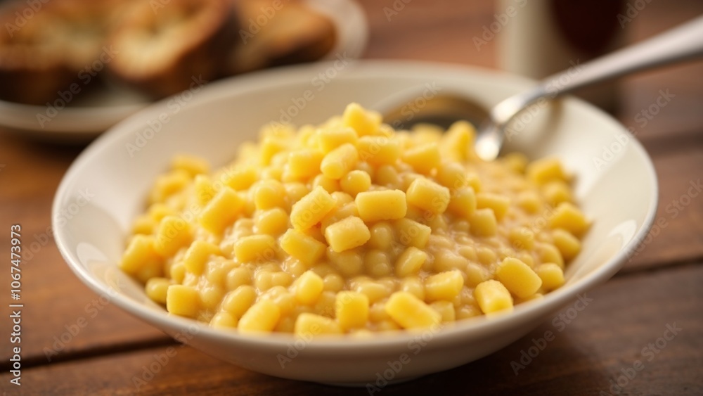 Cornmeal porridge served in a white bowl with a rustic wooden table setting, accompanied by toasted bread, highlighting a cozy dining experience. Healthy eating concept Cornmeal porridge served in a white bowl with a rustic wooden table setting, accompanied by toasted bread, highlighting a cozy dining experience. Healthy eating concept