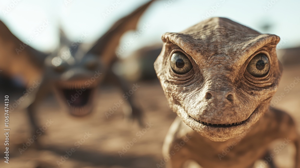 A lizard-like creature with large eyes is focused on, while a second larger dinosaur is visible but blurry in the background, evoking a sense of curiosity and adventure. A lizard-like creature with large eyes is focused on, while a second larger dinosaur is visible but blurry in the background, evoking a sense of curiosity and adventure.