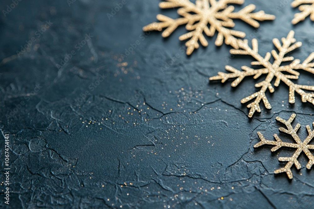 A Close-up View of Three Gold Glittering Snowflakes on a Dark Blue Textured Background A Close-up View of Three Gold Glittering Snowflakes on a Dark Blue Textured Background