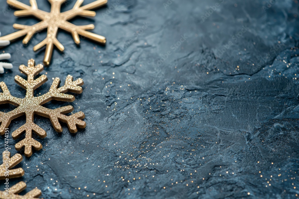 A Close-up View of Gold Snowflakes Adorned on a Dark Blue Textured, Glittery Background A Close-up View of Gold Snowflakes Adorned on a Dark Blue Textured, Glittery Background
