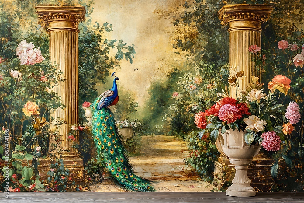 Obraz premium Modern abstract art. Watercolor floral illustration. Golden elements, watercolor painting, children's wallpaper. Hand drawn plants. Tropical rainforest, peacocks, leaves. Prints, wallpapers, posters 