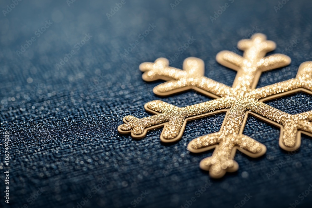 A Detailed Close-Up of a Gold Snowflake on a Dark Blue Denim Background