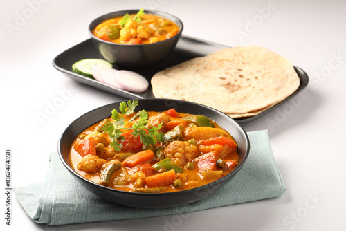 Mix vegetable curry - Indian main course recipe contains Carrots, cauliflower, green peas and beans and served in ceramic ware with Chapati ,Indian flat bread , roti