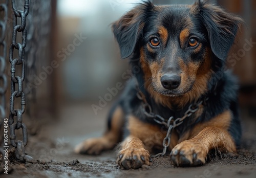 Heartbreaking Image of a Sad Dog Sitting with a Chain Around Its Neck