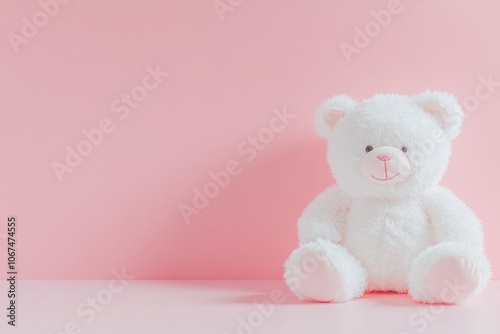 A cheerful white teddy bear against a pastel pink backdrop Space for heartfelt quotes or messages Close up Plush toy banner