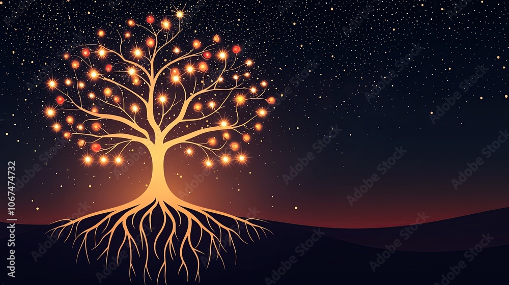 Εκτύπωση καμβά Tree with glowing leaves and roots at night story concept meaning design celebra