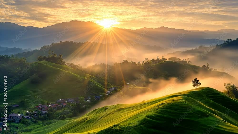 landscape with green hills and farmland country at sunrise. Aerial shot of green spring fields and hills landscape with green hills and farmland country at sunrise. Aerial shot of green spring fields and hills