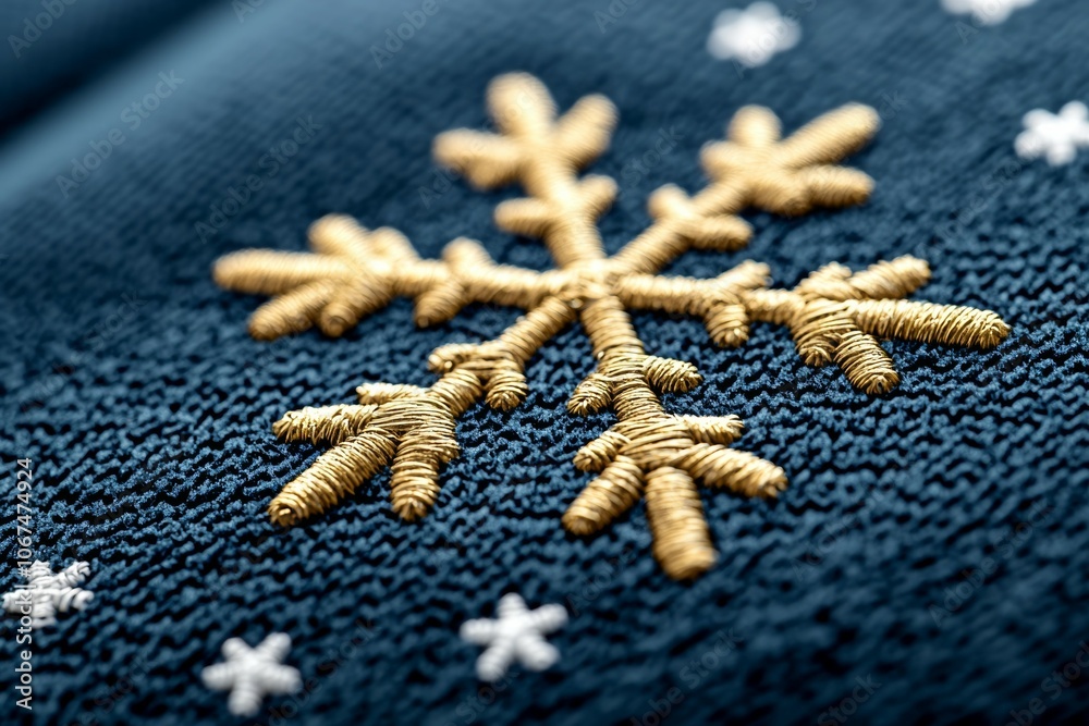 A Detailed Close-up of a Gold Snowflake Embroidery on a Dark Blue Textured Fabric A Detailed Close-up of a Gold Snowflake Embroidery on a Dark Blue Textured Fabric
