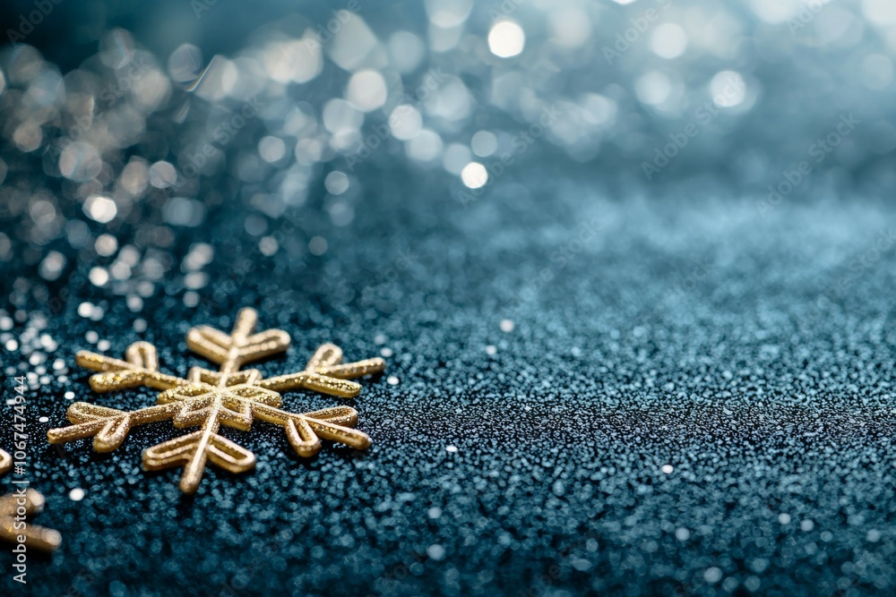 A Close-Up of a Gold Snowflake on a Glittery Blue Background. A Close-Up of a Gold Snowflake on a Glittery Blue Background.