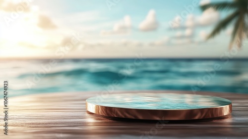 A circular podium rests on a wooden terrace with a stunning ocean view, capturing a balance between natural beauty and man-made simplicity in a serene scene. photo