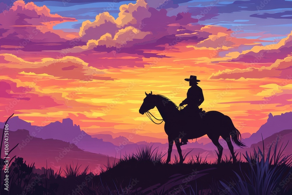 A silhouetted cowboy on horseback against a vibrant sunset sky evoking a western film in a mountain prairie
