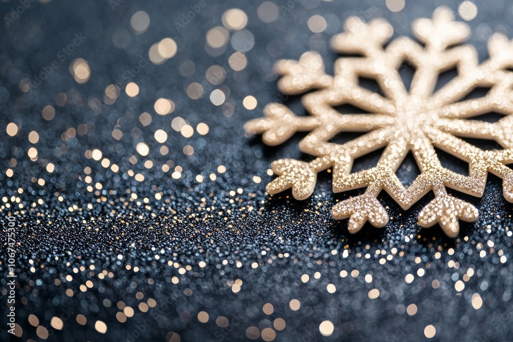 Close-up View of a Golden Snowflake Against a Dark Blue Sparkly Background Close-up View of a Golden Snowflake Against a Dark Blue Sparkly Background