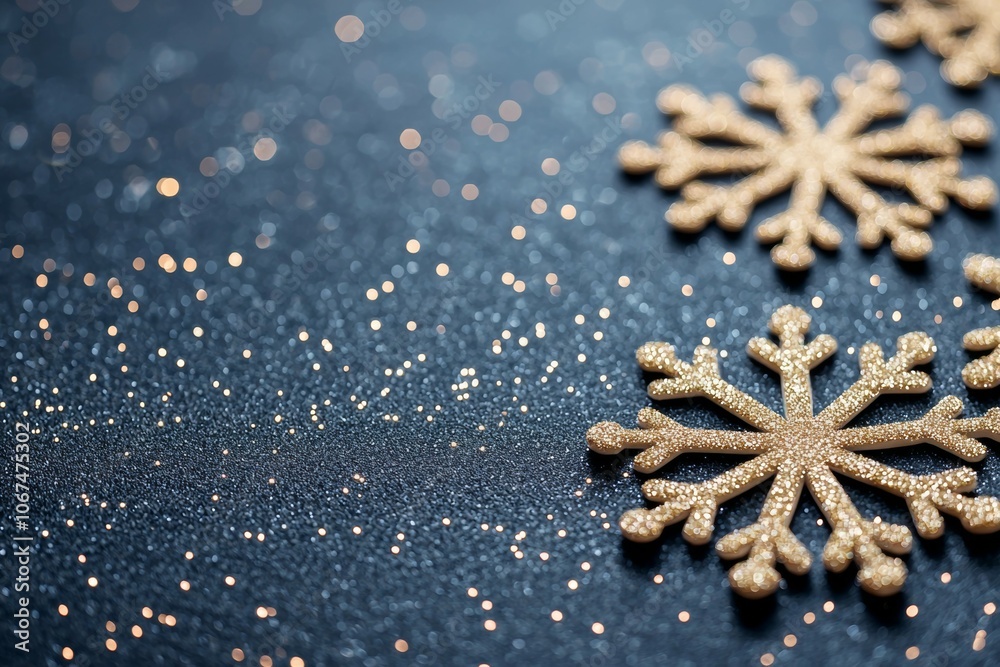 Close-up Illustration of Metallic Gold Snowflakes on a Dark Blue Glittery Background Close-up Illustration of Metallic Gold Snowflakes on a Dark Blue Glittery Background