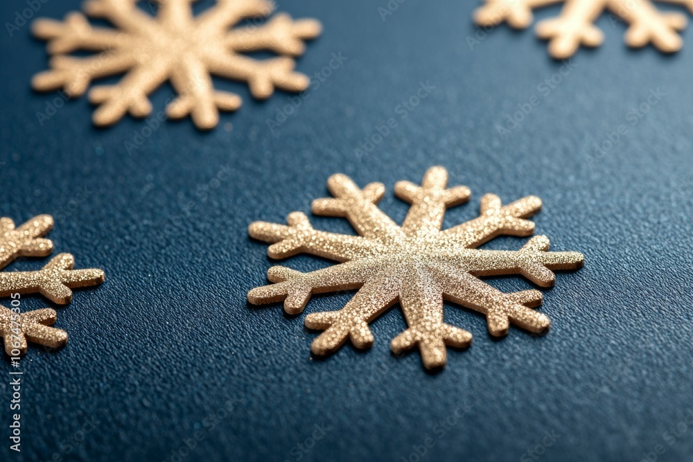 Close-Up Image Showcasing Four Gold Snowflakes on a Dark Blue Background Close-Up Image Showcasing Four Gold Snowflakes on a Dark Blue Background