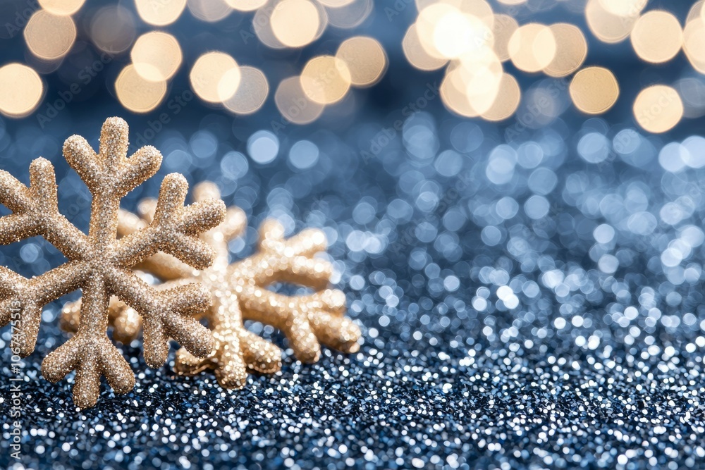A Serene Close-Up of Two Diverse Snowflakes on a Glittery Blue Surface A Serene Close-Up of Two Diverse Snowflakes on a Glittery Blue Surface