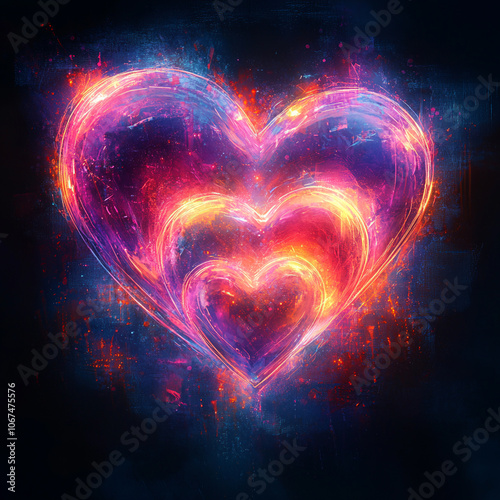 Abstract image, bright neon hearts, lines and shapes, multi-colored glows on a black background, modern art stylization, atmospheric background, a sense of dynamics and energy, modern style, contrasti photo