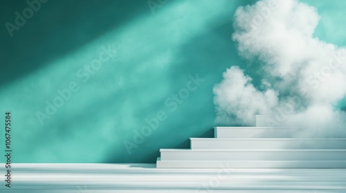 A staircase with soft, cloud-like elements under dramatic lighting casts dreamy shadows, hinting at ethereal journeys with an innovative artistic touch. photo