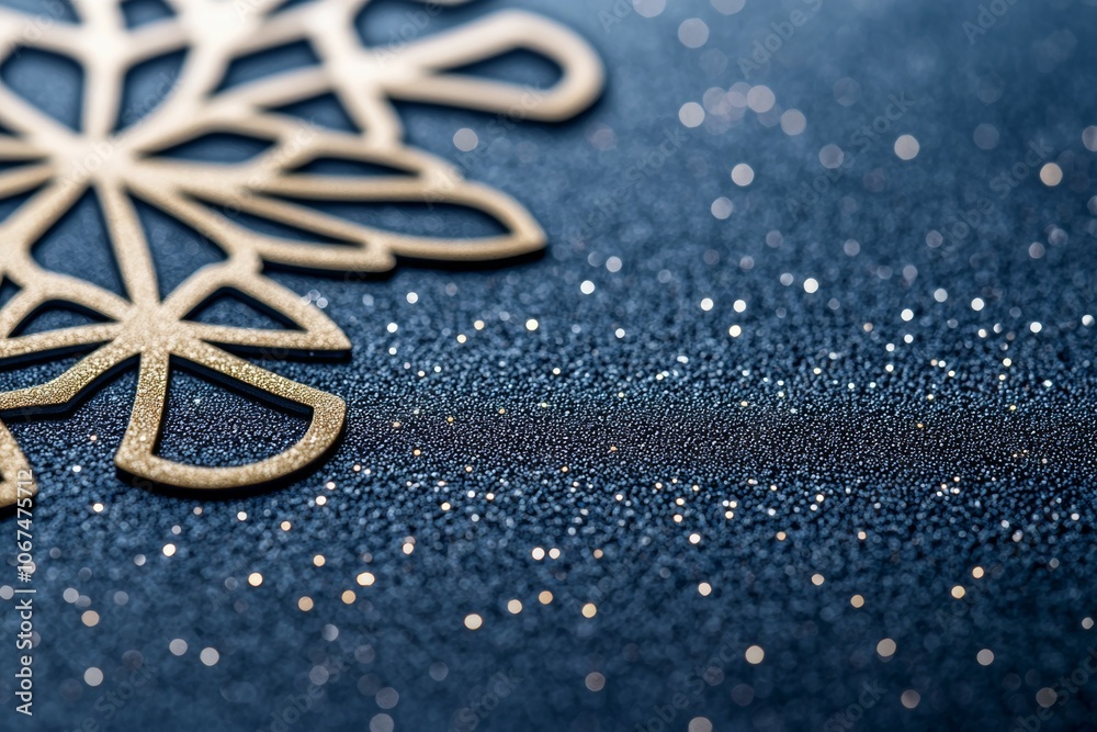 A Detailed Close-up of a Snowflake with a Golden Outline on a Dark Blue Textured Background A Detailed Close-up of a Snowflake with a Golden Outline on a Dark Blue Textured Background