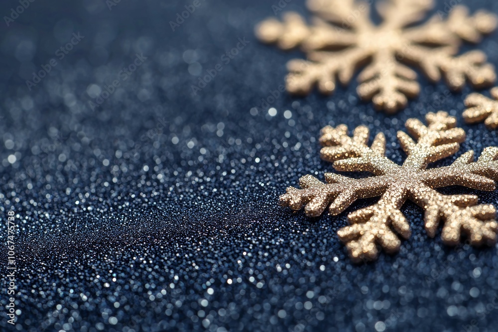 A Festive Trio of Gold Snowflakes on a Sparkling Dark Blue Background A Festive Trio of Gold Snowflakes on a Sparkling Dark Blue Background