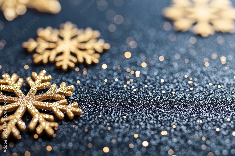 A Close-Up Shot of Golden Snowflakes Floating Over a Glittery Dark Blue Background A Close-Up Shot of Golden Snowflakes Floating Over a Glittery Dark Blue Background