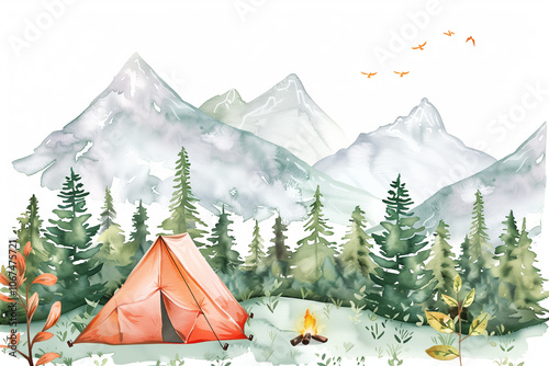 Illustration of a tent with mountains in the background.