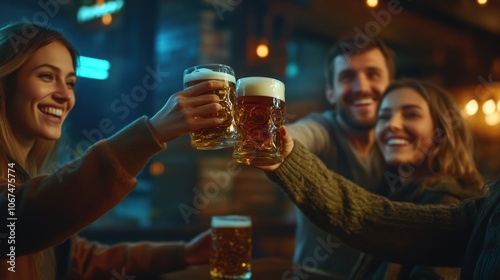 Wallpaper Mural Smiling friends raising their beers for a toast, having a great time in a warm pub environment Torontodigital.ca