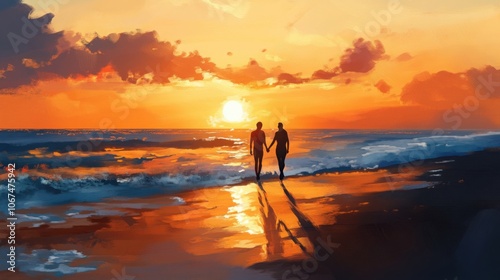 Couple on a sunset beach walk, holding hands, soft ocean waves in the background