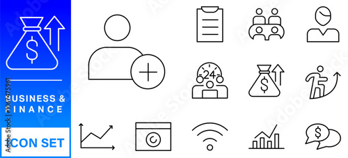 Business and Finance web icons in line style. Money, bank, contact, infographic. Icon collection. Vector illustration photo