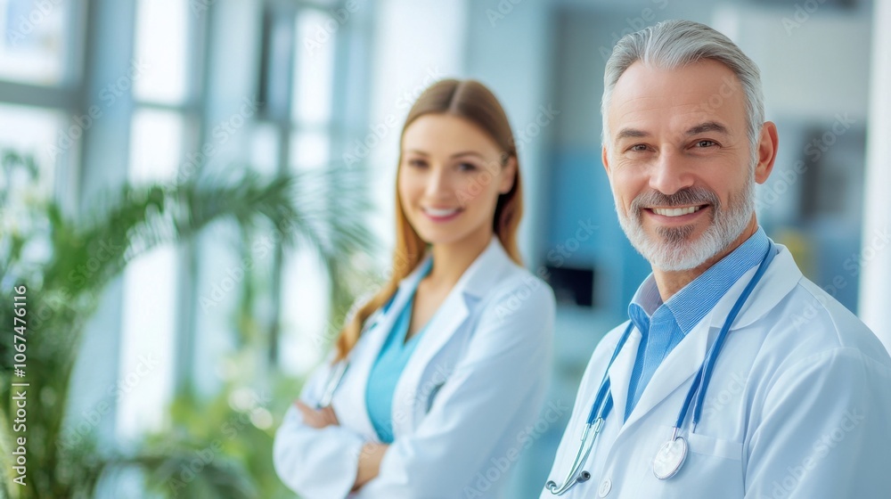 Smiling healthcare team of doctors, standing in a hospital setting, capturing the spirit of teamwork and dedication in medical care Smiling healthcare team of doctors, standing in a hospital setting, capturing the spirit of teamwork and dedication in medical care