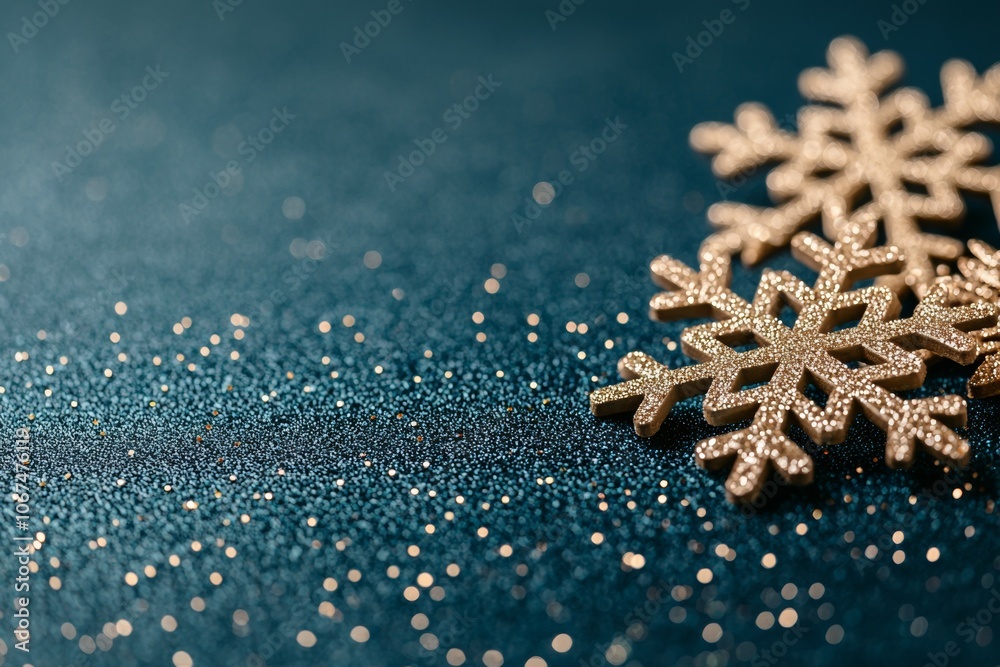 Close-up View of Two Detailed, Golden Snowflakes on a Dark Blue, Glittery Background Close-up View of Two Detailed, Golden Snowflakes on a Dark Blue, Glittery Background