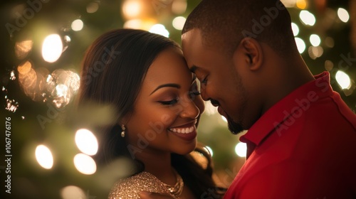 A loving couple celebrates the holiday season by embracing in front of a Christmas tree with twinkling lights.