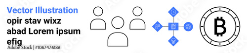 User icons, blockchain network with nodes, and Bitcoin symbol connected by links highlight digital finance. Ideal for cryptocurrency, blockchain technology, fintech, peer-to-peer, networking, digital