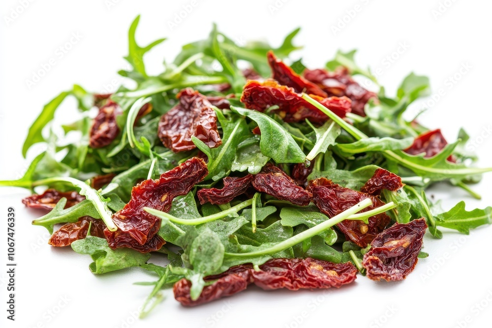 Arugula salad with fresh and dried tomatoes Homemade appetizer idea White background Close up shot Arugula salad with fresh and dried tomatoes Homemade appetizer idea White background Close up shot
