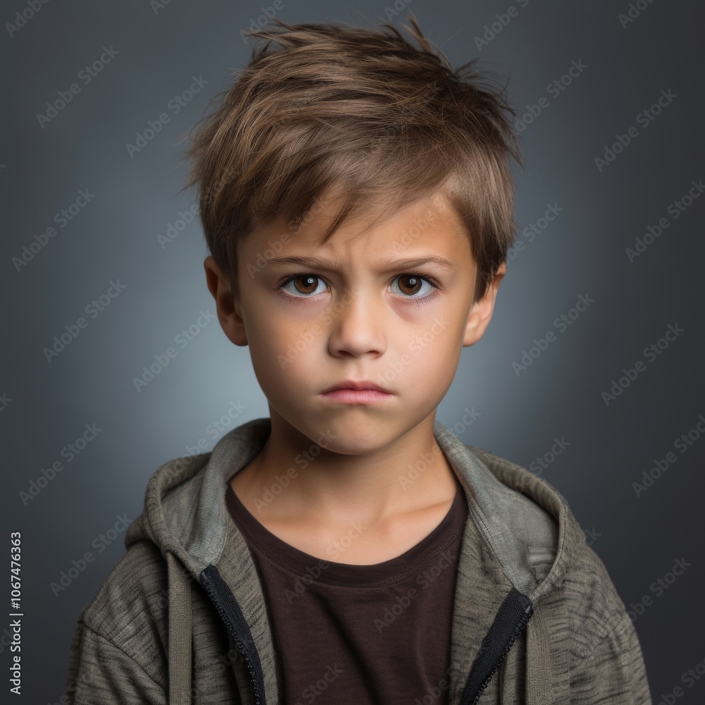 Close up of an afraid boy with a fearful look and casual hoodie against a neutral gray backdrop Close up of an afraid boy with a fearful look and casual hoodie against a neutral gray backdrop