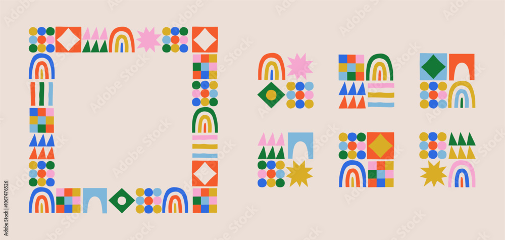 Fun colorful geometric shape set. Abstract retro children style art element for kids, trendy design with geometry mosaic shapes. Simple childish patchwork clip art decoration.