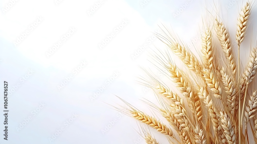 Naklejka premium A close-up of golden wheat stalks against a light background, symbolizing agriculture and harvest.