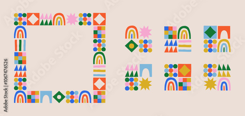 Fun colorful geometric shape set. Abstract retro children style art element for kids, trendy design with geometry mosaic shapes. Simple childish patchwork clip art decoration.