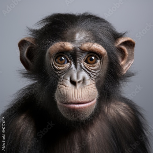 Monkey showing anxiety with a worried gaze and slightly raised fur on a simple beige background