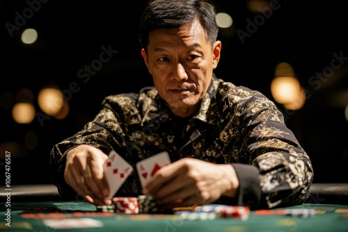 Asian dealer shuffles poker cards at a casino green table inviting bets photo