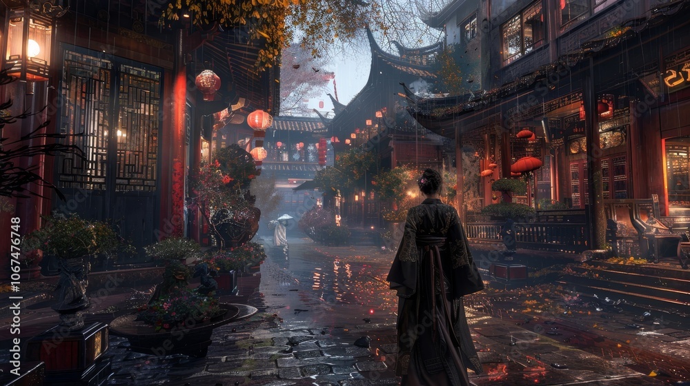 A serene alleyway lit by beautiful red lanterns, reflecting the rich cultural heritage and timeless elegance of traditional architectural beauty on a rainy night. A serene alleyway lit by beautiful red lanterns, reflecting the rich cultural heritage and timeless elegance of traditional architectural beauty on a rainy night.