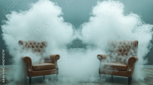 This image features two brown leather armchairs surrounded by dense clouds, creating a surreal and dreamy atmosphere in an abstract indoor setting. photo