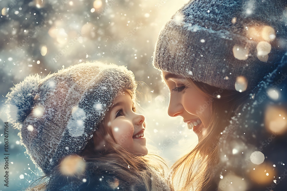 Happy loving family! Mother and child girl having fun, playing and laughing on snowy winter walk in nature. Frost winter season.
Happy loving family! Mother and child girl having fun, playing and laughing on snowy winter walk in nature. Frost winter season.