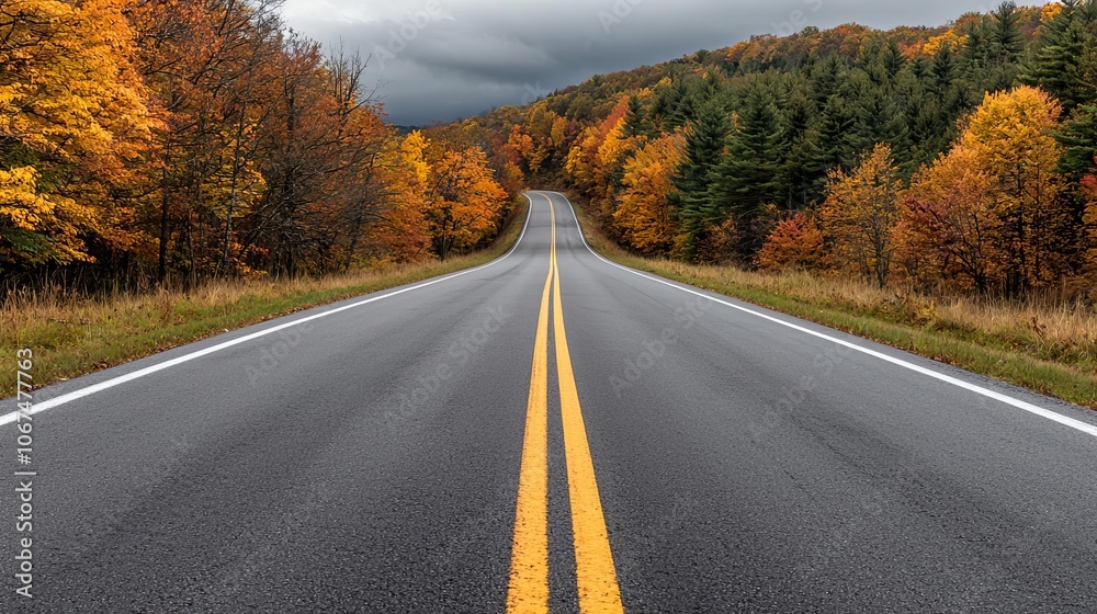 Empty countryside road in fall, surrounded by colorful autumn trees, peaceful atmosphere with rustic charm, seasonal beauty Empty countryside road in fall, surrounded by colorful autumn trees, peaceful atmosphere with rustic charm, seasonal beauty
