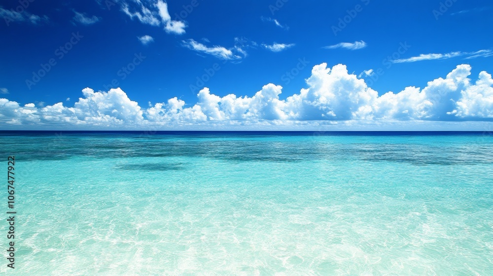 A serene view of a clear turquoise ocean under a bright blue sky with fluffy white cloud. A serene view of a clear turquoise ocean under a bright blue sky with fluffy white cloud.